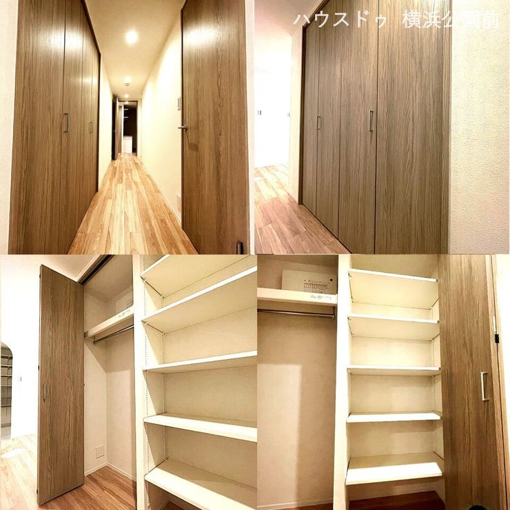 玄関から左に居室へ向かう廊下がございます。大型のクローゼットが設置されており、可動棚なのでお好きな高さに調整して使用できます。