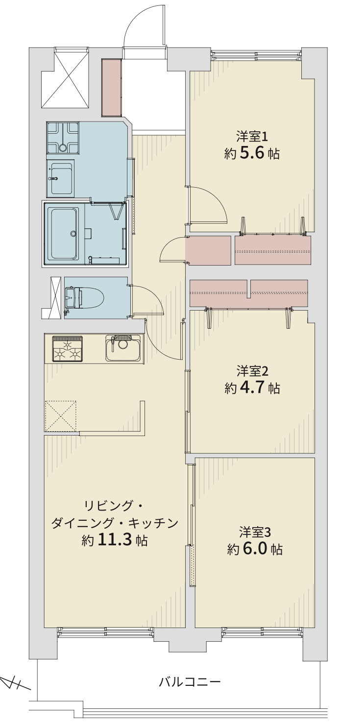 【間取り】
3LDK、全居室6畳以上でゆとりの空間。LDKは11.3畳、収納豊富で使い勝手良好。家族みんなが快適に過ごせる間取りです。