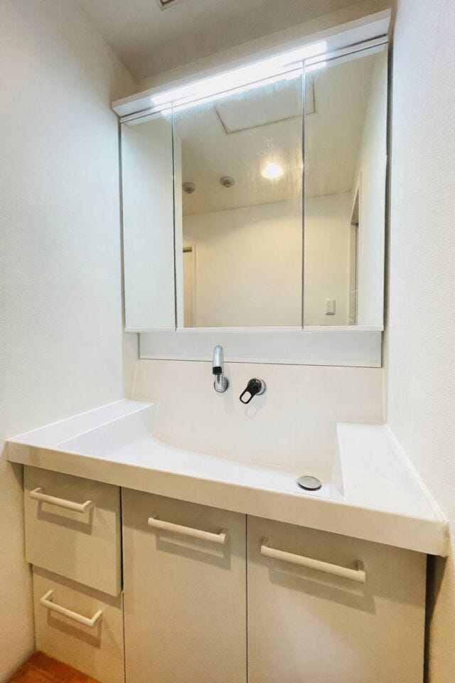 三面鏡収納と広めのカウンターで、日々の身支度がしやすい洗面所です♪
※AIによる家具消し修正を行っています。