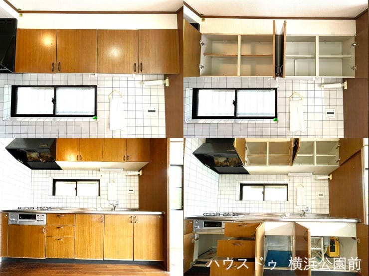 システムキッチンは収納性抜群。吊戸棚もございますので、調理器具の置き場所には困りません。