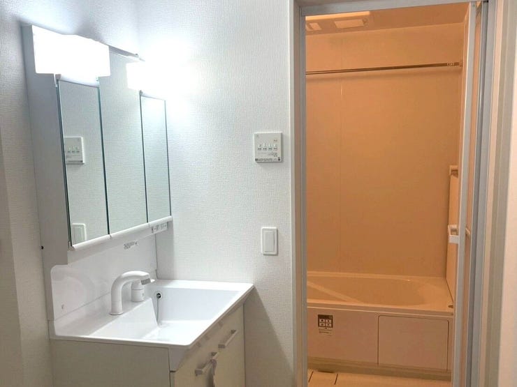 スタイリッシュで機能的な洗面台。
広々とした鏡と豊富な収納スペースで、毎日の身支度がスムーズに。