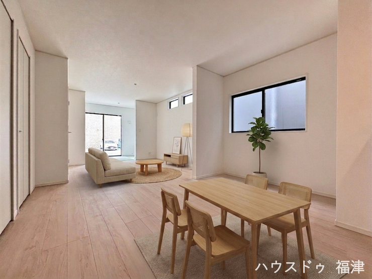 【リビング】
リビングは、ホワイトと木目調の内装。
※家具はCGで配置しております。
《古賀市天神1丁目 新築戸建》
