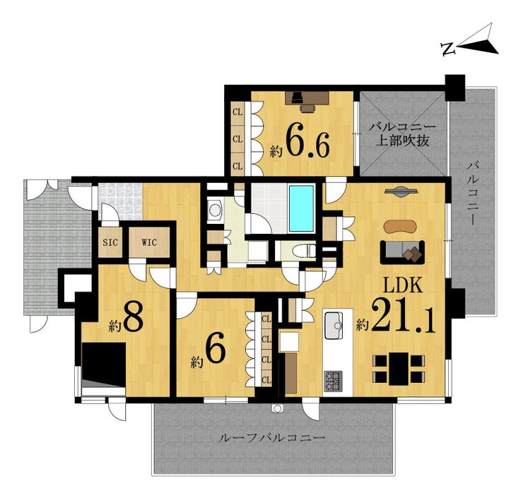 【間取り】
【layout】
大画面テレビも余裕。インテリアプランが考えやすいワイドなリビング。