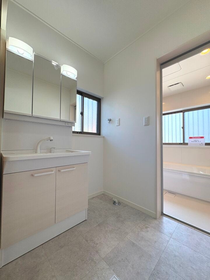 収納豊富な三面鏡の洗面化粧台。シャワー機能付きで衣類の手洗いや洗髪にも活躍します!