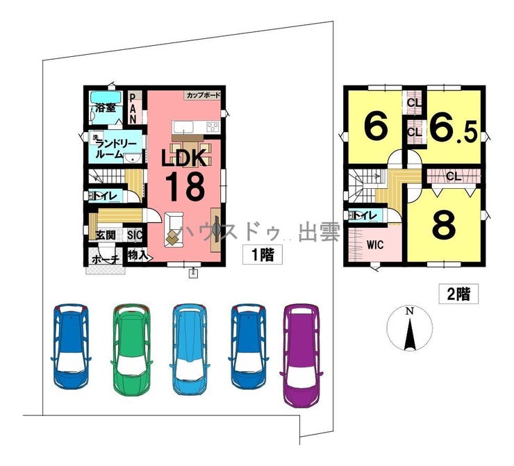 【間取り】
1階にはゆったり18帖のLDK。ランドリールームでは、洗う・干す・取り込むが1か所で完結!2階の居室は全室6帖以上&収納スペース完備。WICはオープンタイプで、荷物の出し入れもしやすくなっています。
