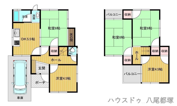 【間取り】
田辺2丁目中古戸建
土地面積/78.48㎡
建物面積/76.15㎡
5DK