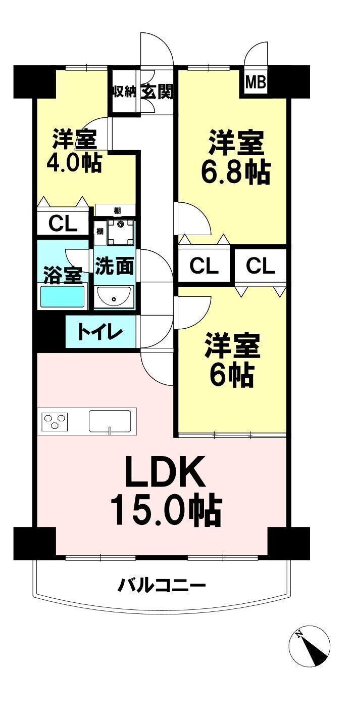 【間取り】
4人家族でもお住まいいただける3LDK!南向きで日当たりも良好◎
