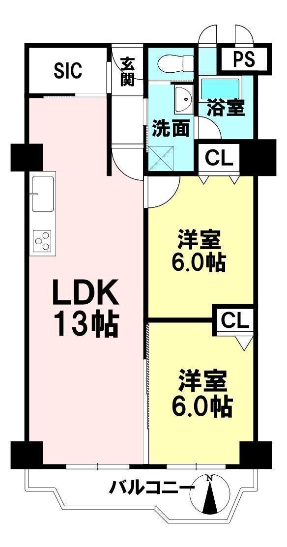 【間取り】
SIC付きで収納力も備えた、暮らしやすい2LDK。
6帖洋室を2部屋確保した、使い勝手の良い間取りです。