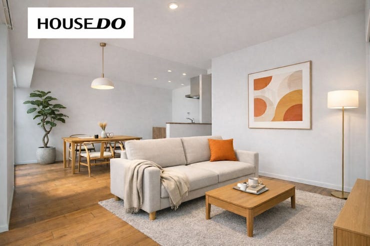 【リビング】
広々LDK18帖で、家具を置いてもゆったりお過ごしいただけます♪
※AIでインテリアを配置したイメージ図です