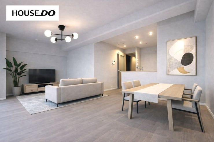 【リビング】
家具配置もしやすい、ゆとりある広々LDK。対面キッチンを中心に、家族が自然と集まる心地よい空間です。※AIでインテリアを配置したイメージ図です