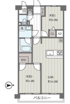 【間取り】
全室洋室の使いやすい2LDK。約14.2帖のLDKを中心に各居室を配置し、WICや収納も充実した暮らしやすい間取りです。