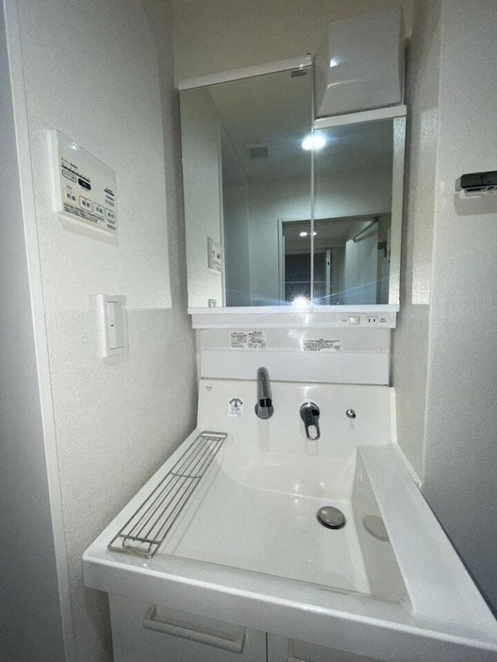 三面鏡付きの洗面化粧台。収納力があり、朝の身支度もスムーズに行える使いやすい空間です。