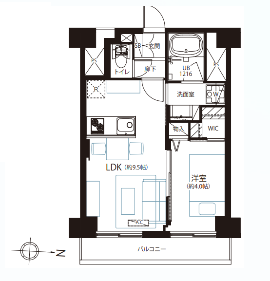 【間取り】
35㎡・1LDK。WIC付きで、単身者から2人暮らしまで使いやすい間取り