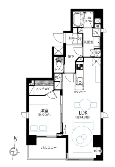 【間取り】
約14.8帖のLDKは、ダイニング・ソファスペースもしっかり確保可能