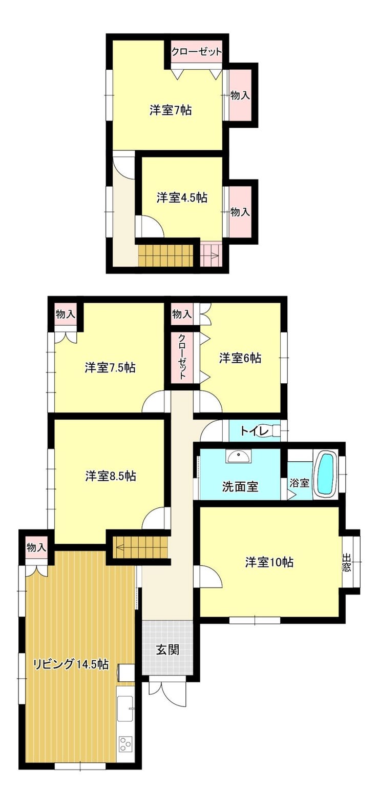 【間取り】
1階に4部屋、2階に2部屋と、とにかく部屋数が多いです!