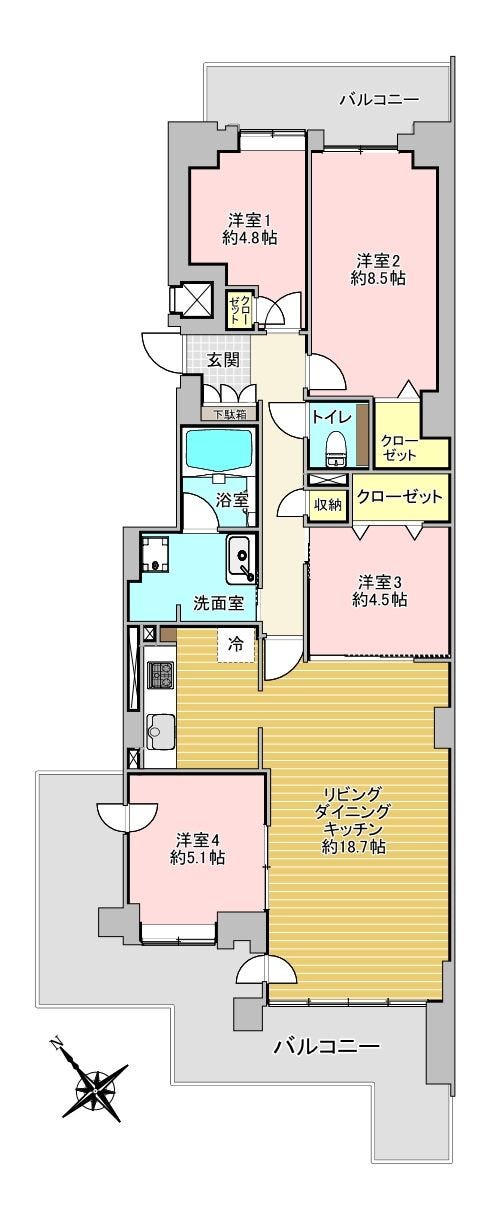 【間取り】
4LDK
専有面積 93.85㎡
バルコニー面積 25.80㎡