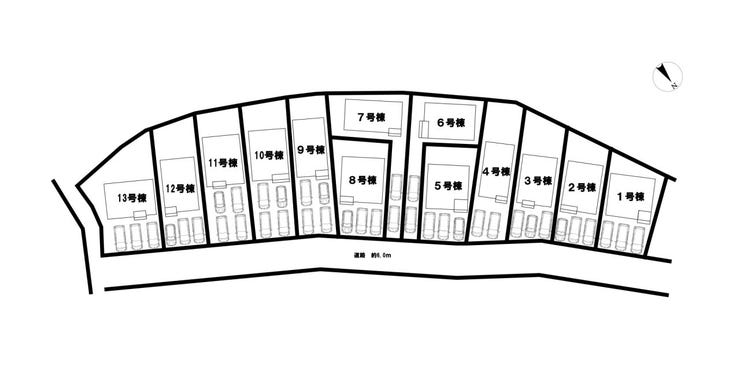 【全体区画図】全13棟の分譲地です!実際に現地をご覧いただき、陽当たりや風通し、駐車スペースや前面道路をご確認ください!学校やスーパーなど周辺施設も一緒にご案内いたします!