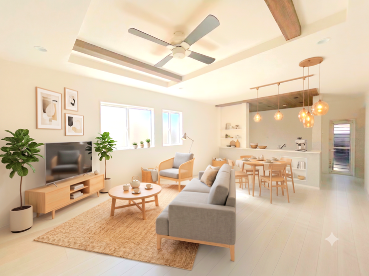 【縦長のLDK18.5帖】
※本画像はAIによるCGで作成されており、家具や家電はイメージです。
リビングに吹抜けがあり天井が高くなることで視界が開かれ、開放感が生まれます。