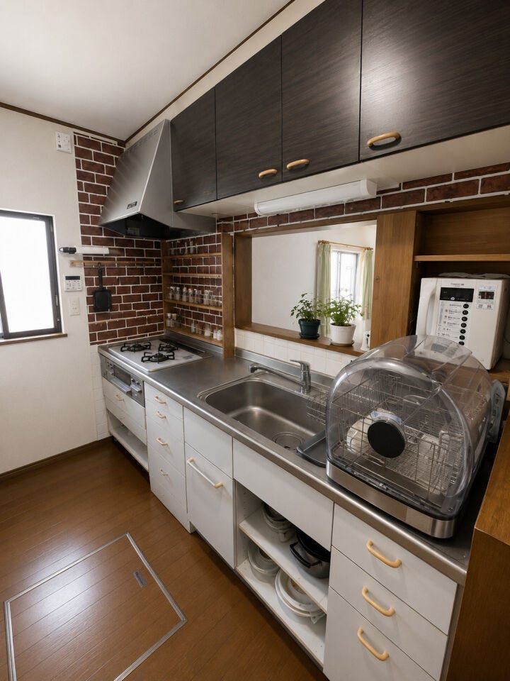 レンガ調のアクセントクロスがおしゃれな対面風システムキッチン。スパイスラックや吊戸棚など収納力もバツグンです。リビングの様子を見守りながら、毎日の料理を楽しく快適にこなせる温かな空間です。