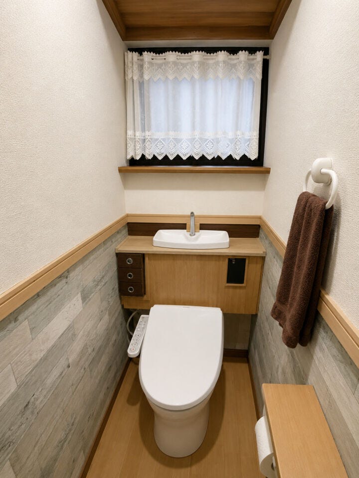木の質感とアンティーク調の壁紙が調和した温かみのあるトイレ。専用の手洗い場や収納、小窓を完備しています。清潔感と居心地のよさを兼ね備え、お客様にも気持ちよく使っていただける空間です。