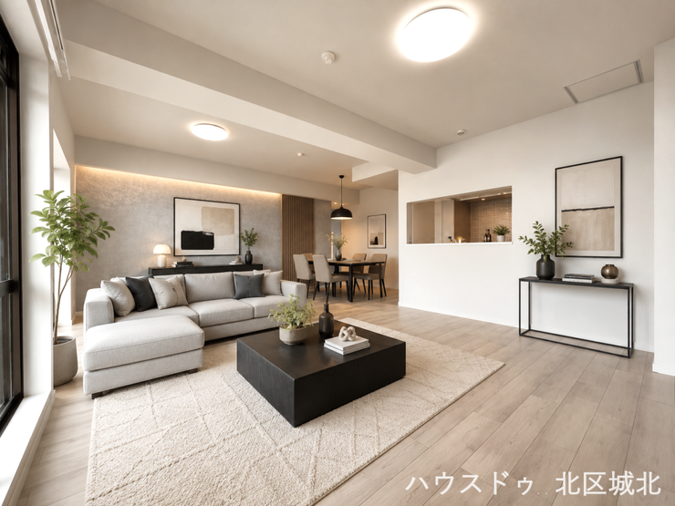 南向きのLDKは開放的に過ごせる団らんの空間です◎
※実際の写真に家具をCG合成したものです。
(家具等は販売に含まれておりません)