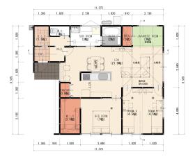 【間取り図】
20帖超えの広々LDKを中心に、家族が自然と集まる空間設計。
キッチン横には便利なパントリーを、配置し食材や日用品をすっきり収納できます。
さらに、サンルーム付きで毎日の家事も快適に。