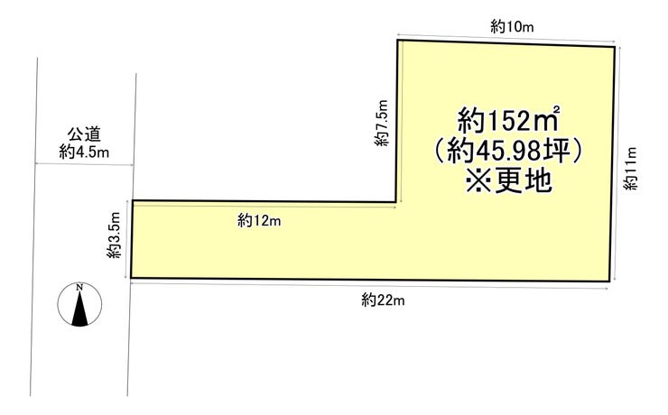 【区画図】
◇土地面積約152㎡(約45.98坪)
→ライフライン:上下水・都市ガス引込なし(前面道路配管あり)
→建築条件なし/更地渡し