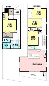 【間取り図】
●長期優良住宅●耐震等級３
●断熱性等級５●一次エネルギー６
●LDK天井高２．８ｍ
●屋上テラス７帖
●床暖房（３か所）
●キッチン収納／カップボード