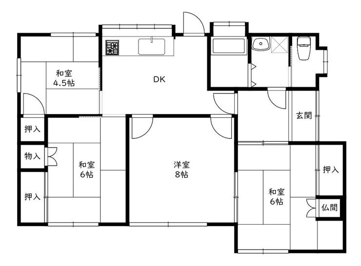 上物間取りです(上物情報:1977年2月築、木造平屋建て69.56㎡)