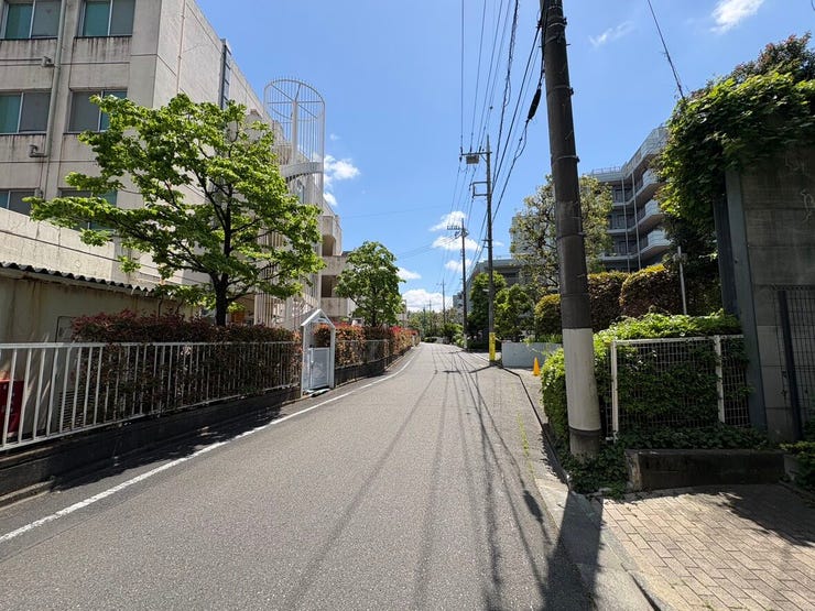 青空が広がる開放的な前面道路は、見通しが良くゆったりとした佇まいです。豊かな緑に包まれた静かな街並みで、お子様との帰り道も心穏やかに過ごせそう。四季の移ろいを感じながら、気持ちよく外出を楽しめます。
