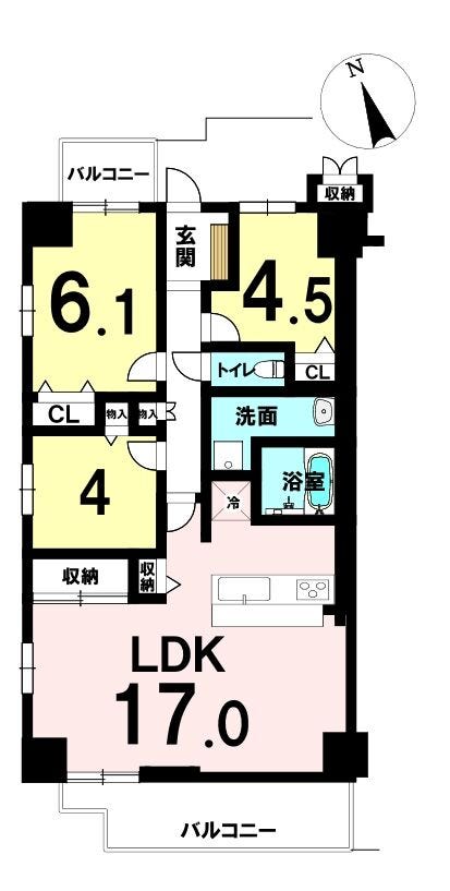 【間取り】
2面バルコニー 南向き・角部屋で陽当たり・通風良好