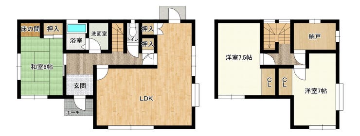 【間取り】
各部屋だけでなく、家中に収納がたっぷりあります♪LDKはキッチンの横にカウンターをつけてカウンターキッチン風に仕上げます♪