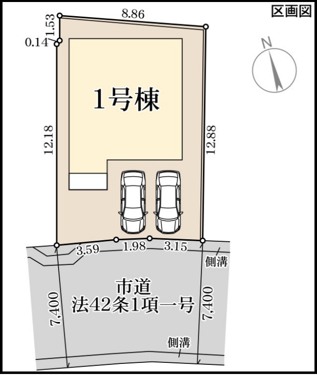 原良６丁目 新築戸建 【区画図】全1区画
南向き前面道路幅約7.4ｍ
道路接道幅約8.7ｍ
駐車場：2台