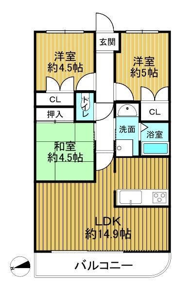【間取り】
約14.9帖の広々としたLDKを中心に、各居室へアクセスしやすい機能的なセンターイン設計です☆独立性の高い洋室と、リビング横の和室を使い分けることで、空間にメリハリが生まれます!