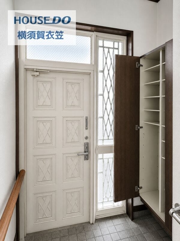 玄関まわりは縦長の採光部により閉塞感を抑えた設計。収納も備わっているため、来客時にも整った印象を保ちやすい空間です。