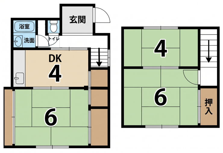 【間取り】
1階にDK4帖と和室6帖、2階に和室6帖・4帖を配置した3DK。水回りがまとまり、各階に居室があるため、生活空間とプライベート空間を分けやすい間取りです。2階には押入も備えています。