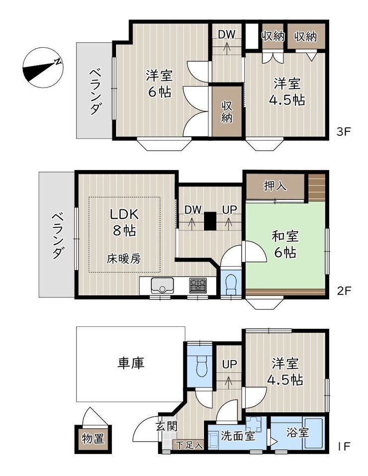 【間取り】
南西向き、延べ床面積74.88平米の4LDK!LDKは床暖房付き+陽当り良好。3階のベランダからは天気が良い日には富士山が見えます。