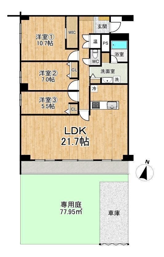 【間取り】
◆3LDK◆専有面積107.06㎡◆専用庭面積77.95㎡