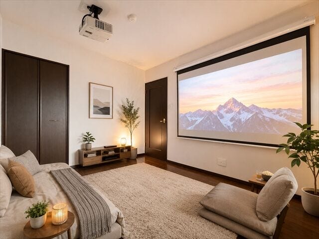 壁が白いのでプロジェクターを設置して映画やYouTubeなど楽しめます♪
部屋がおしゃれなシアタールームのように変身◎