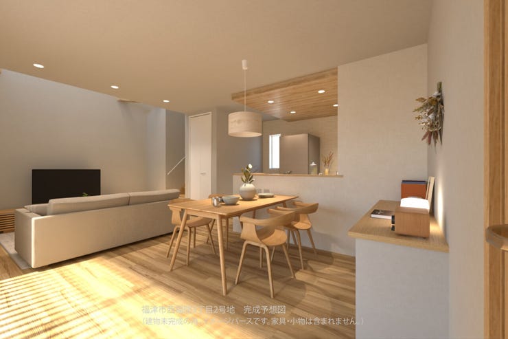 【LDK全景】
大きな窓から心地よい光が差し込むLDK。リビング上部は吹き抜けになっており、開放感あふれる空間です。