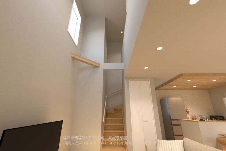 【吹き抜け・階段】
開放的な吹き抜け空間。高窓から差し込む光が、階段やリビングを明るく照らします。