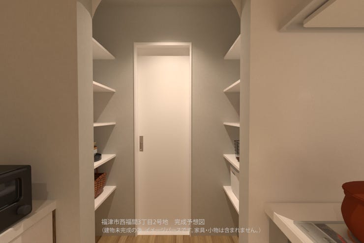 【パントリー・収納】
キッチン奥に配された便利な収納スペース。お好みのケースを使って、食材のストックなどを美しく収納。