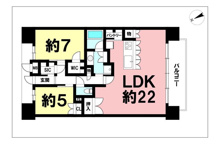 【間取り】
2LDK+WIC、シューズスルークローク、パントリー【専有面積78.07㎡】
南西向きバルコニー