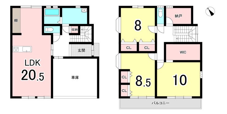 【間取り】
【1階は広々LDK、2階は3部屋の理想的な間取り】
1階のLDKは壁が少なく家族でゆったり寛げます。
2階には個室が3部屋あるため、子ども部屋も確保。
個人の時間も大切にできる便利な間取りです。