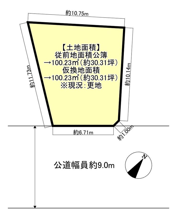 【区画図】
【七里駅北側特定土地区画整理事業地内(施行中)】
~換地処分後の予定情報~
・土地面積:100.23㎡
・前面道路幅員:9.0m
・間口:6.71m
・清算ポイント:14,437P徴収予定