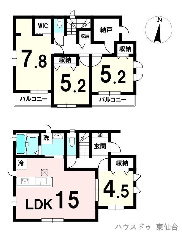 【間取り】
LDK15帖に加え、2階は全居室5帖以上で使いやすい4LDK。主寝室にはWICを備え、収納量も十分。水回りが1階にまとまり家事動線がスムーズ。南向きバルコニーで採光も良好な住まい