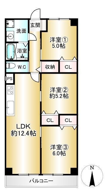 【間取り】
■3LDK■専有面積64.26㎡■バルコニー面積7.50㎡