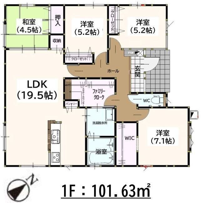【間取り】
6号棟
◎平屋建て♪4台並列駐車可!
◎4LDK+WIC+ファミクロ♪LDK19.5帖
