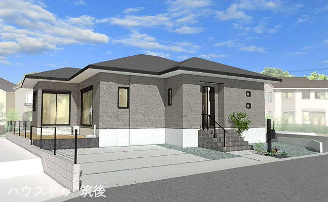 完成イメージが湧きやすい外観パースです。グレーモダンな落ち着いた佇まいの平屋建て。カースペースやアプローチの配置など、実際の暮らしをイメージしやすい綺麗な外観デザインとなっています