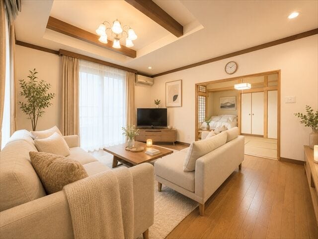 大きめのソファーを設置して自然と家族が集まる空間に◎
ほっこりと安らげるリビングなら、必然的に家族と過ごす時間も増えますね。